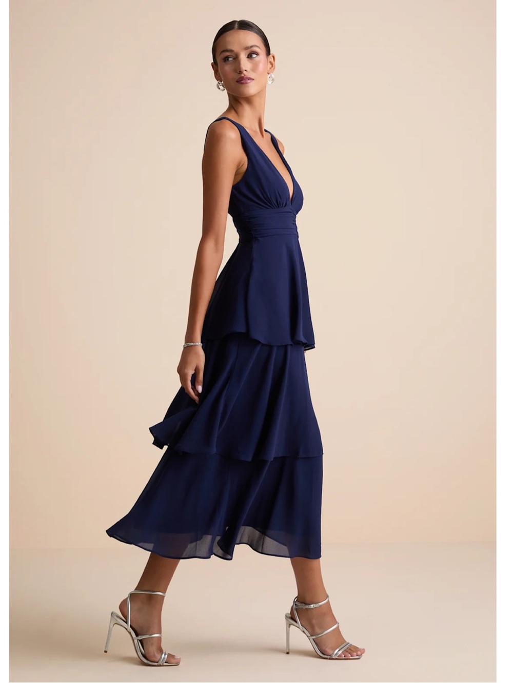 Lulu's Celebration  Time Navy Blue Sleeveless Tiered V-Neck Chiffon Midi Dress